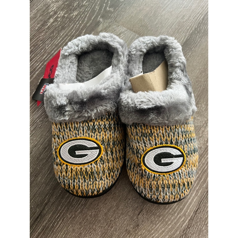 NEW FOCO Green Bay Packers Slippers Womens Small 5-6 Yellow Green NFL Knit Scuff
